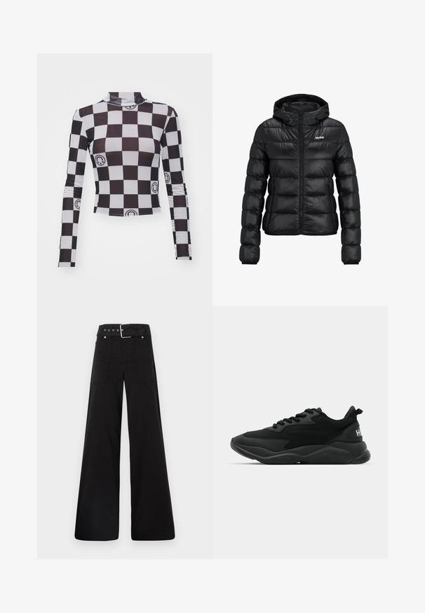 Melnā polsterētā jaka ar rāvējslēdzēju un kapuci. Iezīme ir kvalificēts dizains un "HUGO" logo uz krūškurvja. Izgatavota no spīdīga materiāla.; Ilgstoša piedurkne ar melnbalto šaha laukuma rakstu, papildināta ar smaidošām sejām un augstu apkakli. Izgatavota no elastīga materiāla.; Melna platā kāju bikses, izgatavotas no kokvilnas, ar augstu jostasvietu, lieliem sānu kabatām un jostu ar sudraba detaļām.; Melni sporta apavi ar reljefa augšdaļu, auklu aizdari, mīkstu zoli un zīmola akcentu uz papēža.