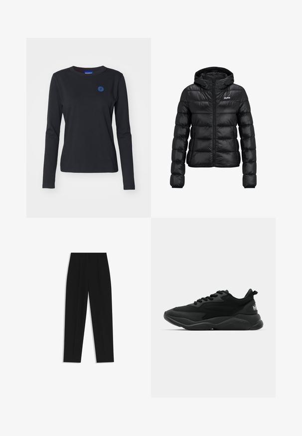 Black padded jacket with a zip closure and hood. Features a quilted design and the "HUGO" logo on the chest. Made from shiny material.; Black long-sleeve t-shirt made of cotton, featuring a blue smiling face logo on the left chest and a crew neck design.; Black trousers with a straight fit, featuring double pleats, a smooth texture, and a classic waistband design. No visible hardware or accents.; Black athletic sneakers featuring a textured upper, lace closure, cushioned sole, and a branded accent on the heel.