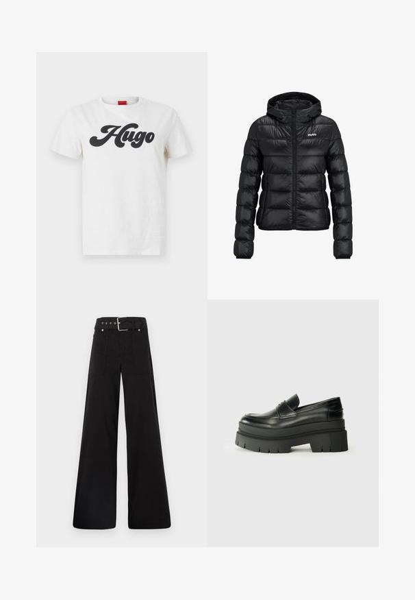 Black padded jacket with a zip closure and hood. Features a quilted design and the "HUGO" logo on the chest. Made from shiny material.; White cotton t-shirt with short sleeves featuring a large black "Hugo" logo printed on the front. Classic crew neck design.; Black wide-leg trousers made from cotton, featuring a high waist, large side pockets, and a belted waist with silver hardware accents.; Black leather loafers with a chunky platform sole. Rounded toe, front seam detail, and subtle stitching accents. Flat, textured outsole.