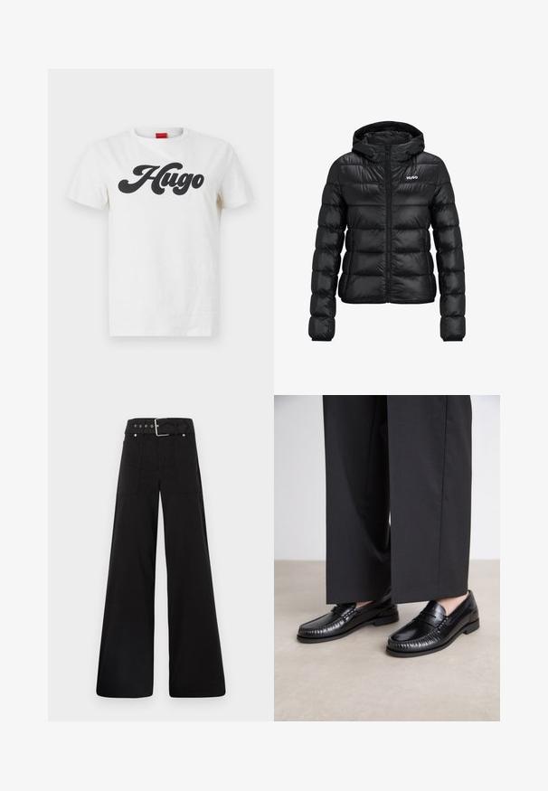 Sort polstret jakke med lynlåslukning og hætte. Har et quiltet design og "HUGO"-logoet på brystet. Fremstillet af skinnende materiale.; Hvid bomulds t-shirt med korte ærmer, der har et stort sort "Hugo" logo trykt på forsiden. Klassisk crew neck design.; Sorte brede bukser lavet af bomuld, med høj talje, store sidelommer og en bæltestrop med sølvfarvede detaljer.; Sorte læder loafers med en glat finish, syet detaljering omkring tæerne og en lav gummisål. Sammen med brede sorte bukser.