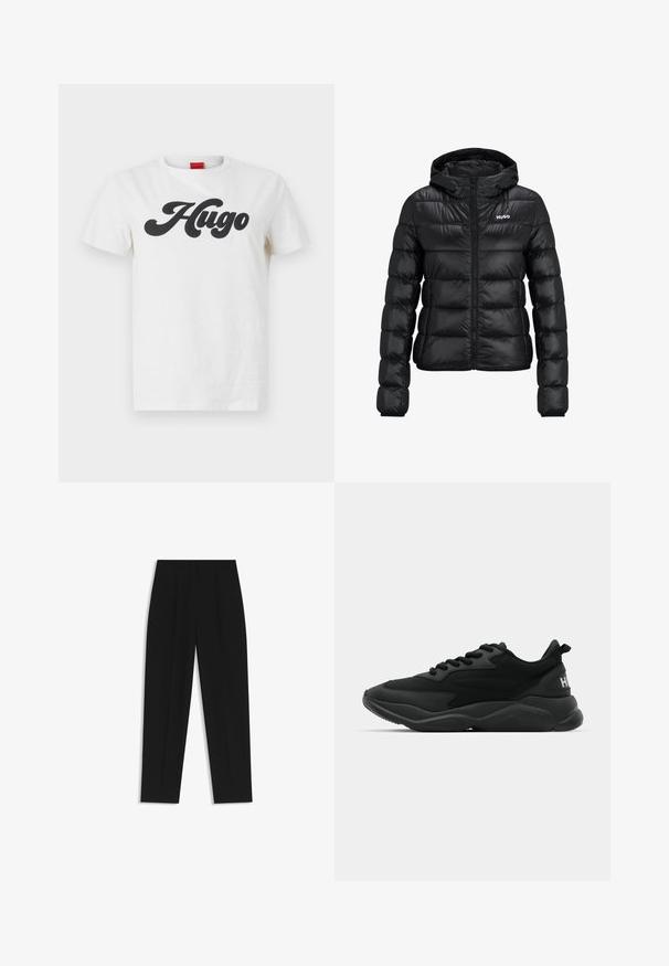 Black padded jacket with a zip closure and hood. Features a quilted design and the "HUGO" logo on the chest. Made from shiny material.; White cotton t-shirt with short sleeves featuring a large black "Hugo" logo printed on the front. Classic crew neck design.; Black trousers with a straight fit, featuring double pleats, a smooth texture, and a classic waistband design. No visible hardware or accents.; Black athletic sneakers featuring a textured upper, lace closure, cushioned sole, and a branded accent on the heel.