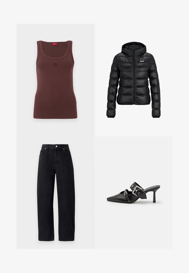 Musta pehmeä takki, jossa on vetoketjukiinnitys ja huppu. Ominaisuuksina tikattu muotoilu ja "HUGO" -logo rinnassa. Valmistettu kiiltävästä materiaalista.; Ruskea olkalinjaton toppi pehmeästä kankaasta, jossa on pyöreä pääntie ja huomaamaton brodeerattu "HUGO" -logo edessä.; Korkeavyötäröiset, suorat mustat farkut viidellä taskulla, metallipainikkeilla ja sävyssä ommelluilla saumoilla. Sujuva pinta, minimalistikko muotoilu.; Musta korkeakorkoiset mokkasiinit, joissa on terävä kärki ja sileä nahka. Varustettu leveällä nilkkahihnalla, jossa on neliönmuotoinen hopea solki ja niittejä.