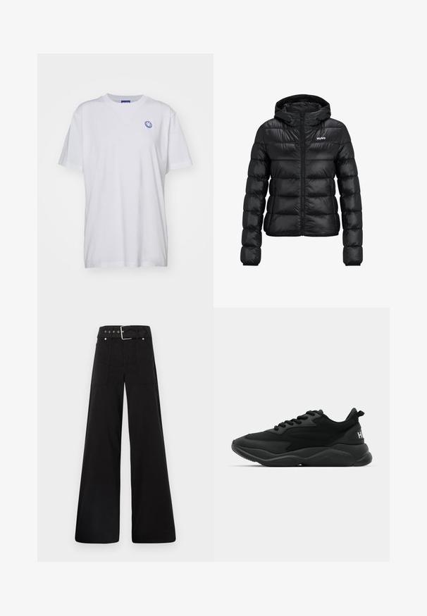 Czarna pikowana kurtka z zamkiem błyskawicznym i kapturem. Posiada wzór pikowania oraz logo "HUGO" na klatce piersiowej. Wykonana z błyszczącego materiału.; Biała bawełniana koszulka z krótkim rękawem, okrągłym dekoltem i niebieskim logo uśmiechniętej buźki na lewej piersi. Gładki materiał bez wzorów.; Czarne spodnie o szerokich nogawkach wykonane z bawełny, z wysokim stanem, dużymi bocznymi kieszeniami i paskiem w talii z akcentami w kolorze srebrnym.; Czarne sportowe sneakersy z teksturowaną cholewką, sznurowaniem, wyściełaną podeszwą oraz markowym akcentem na pięcie.
