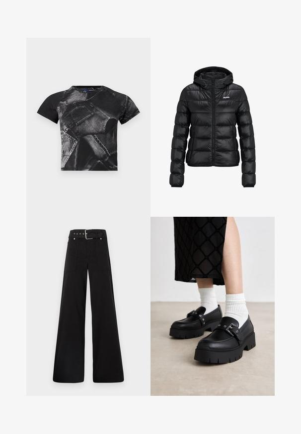Svart polstret jakke med glidelås og hette. Har en quiltet design og "HUGO" logoen på brystet. Laget av skinnende materiale.; Svart kortermet t-skjorte med et stort denimtrykk med lommer og sømmer, laget av en bomullsblandingsstoff med tekstur.; Sorte vidde bukser laget av bomull, med høy midje, store sidelommer og belte med sølv detaljer.; Svart plattform loafers med en glatt skinnfinish, med en spenne detalj og naglede akenter, sammen med hvite ribbede sokker.