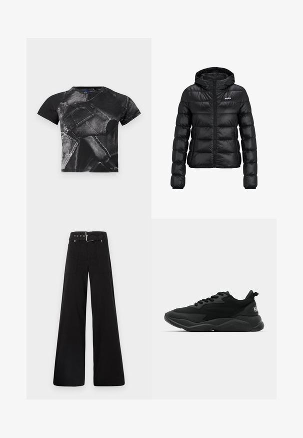 Sort polstret jakke med lynlåslukning og hætte. Har et quiltet design og "HUGO"-logoet på brystet. Fremstillet af skinnende materiale.; Sort kortærmet t-shirt med et stort denim-print, lommer og sømme, lavet af en bomuldsblanding med en struktureret overflade.; Sorte brede bukser lavet af bomuld, med høj talje, store sidelommer og en bæltestrop med sølvfarvede detaljer.; Sorte atletiske sneakers med en tekstureret overdel, snørelukning, polstret sål og en mærkeaccent på hælen.
