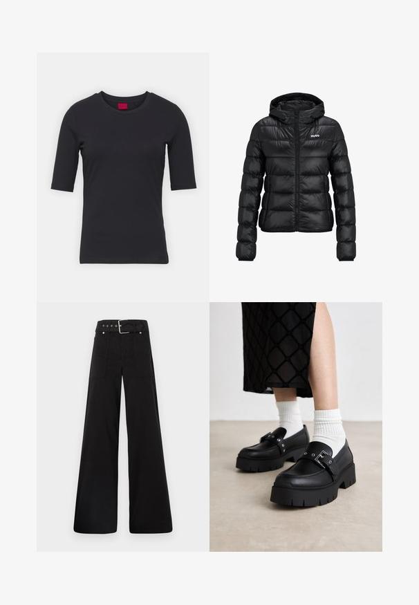 Μαύρο τζάκετ με επένδυση και κλείσιμο με φερμουάρ και κουκούλα. Διαθέτει ανάγλυφο σχέδιο και το λογότυπο "HUGO" στο στήθος. Κατασκευασμένο από γυαλιστερό υλικό.; Μαύρο βαμβακερό T-shirt με κοντά μανίκια, στρογγυλή λαιμόκοψη και μινιμαλιστικό σχέδιο. Έχει μια κόκκινη ετικέτα μάρκας στην περιοχή του λαιμού.; Μαύρο παντελόνι με φαρδιά ποδιά φτιαγμένο από βαμβάκι, με ψηλή μέση, μεγάλες πλαϊνές τσέπες και ζώνη με μεταλλικά αξεσουάρ σε ασημί απόχρωση.; Μαύρες πλατφόρμες λόφερ με απαλή δερμάτινη επιφάνεια, που διαθέτουν λεπτομέρεια από αγκράφα και μεταλλικά τρουκς, σε συνδυασμό με λευκές ριμπ κάλτσες.