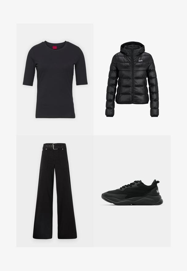 Jachetă neagră căptușită cu fermoar și glugă. Prezentând un design matlasat și logo-ul "HUGO" pe piept. Fabricată din material lucios.; Tricou negru din bumbac, cu mâneci scurte, gât rotund și un design minimalist. Prezintă o etichetă roșie a mărcii la gât.; Pantaloni negri cu croială largă, confecționați din bumbac, cu talie înaltă, buzunare laterale mari și talie prevăzută cu brâu cu accente din metal argintiu.; Adidași sport negri cu un superior texturat, sistem de închidere cu șireturi, talpă căptușită și un accent de brand pe toc.