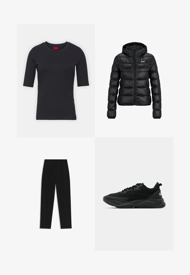 Schwarze gepolsterte Jacke mit einem Reißverschluss und Kapuze. Verfügt über ein gestepptes Design und das "HUGO"-Logo auf der Brust. Hergestellt aus glänzendem Material.; Schwarzes Baumwoll-T-Shirt mit kurzen Ärmeln, Rundhalsausschnitt und minimalistischen Design. Besitzt ein rotes Markenetikett am Halsausschnitt.; Schwarze Hose mit geradem Schnitt, doppelten Falten, einer glatten Textur und einem klassischen Bunddesign. Keine sichtbaren Beschläge oder Akzente.; Schwarze Sport-Sneaker mit einer strukturierten Oberseite, Schnürverschluss, gepolsterter Sohle und einem markierten Akzent an der Ferse.