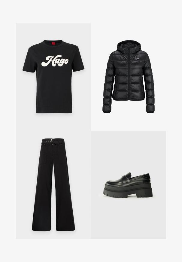 Juodas pūkinis švarkas su užtrauktuku ir gobtuvu. Savybės: siuvinėtas dizainas ir "HUGO" logotipas ant krūtinės. Pagamintas iš blizgaus medžiagos.; Juodas medvilninis marškinėliai su trumpomis rankovėmis, kuriuose ant priekio centre išryškintas baltas „Hugo“ logotipas stilizuotu šriftu.; Juodos plačios kojų kelnės, pagamintos iš medvilnės, su aukšta liemene, didelėmis šoninėmis kišenėmis ir diržu, papuoštu sidabriniais akcentais.; Juodos odinės loafers tipo bateliai su masyviu platformos padu. Suapvalintas pirštas, priekinė siuvimo detalė ir subtilūs siuvinėjimo akcentai. Lygus, tekstūruotas padas.