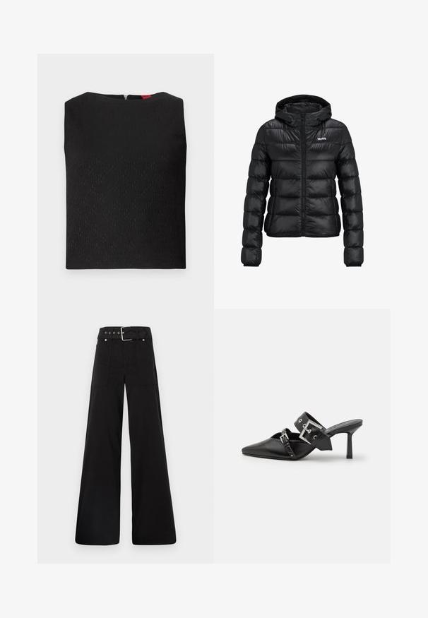 Fekete párnázott dzseki cipzárral és kapucnival. Tűzött mintázattal rendelkezik, és a "HUGO" logó a mellkason található. Fényt visszaverő anyagból készült.; Fekete ujjatlan felső strukturált mintázattal, négyzet alakú nyakkivágással és hátsó cipzárral. A logó elemek finoman belefonva a szövetbe.; Fekete, bő szárú nadrág, pamutból készült, magas derékkal, nagy oldalsó zsebekkel és ezüst színű hardverelemekkel ellátott övvel.; Fekete magassarkú mules, hegyes orral, sima bőrből készült. Széles bokapántja van, négyzet alakú ezüst csattal és szegecsekkel.