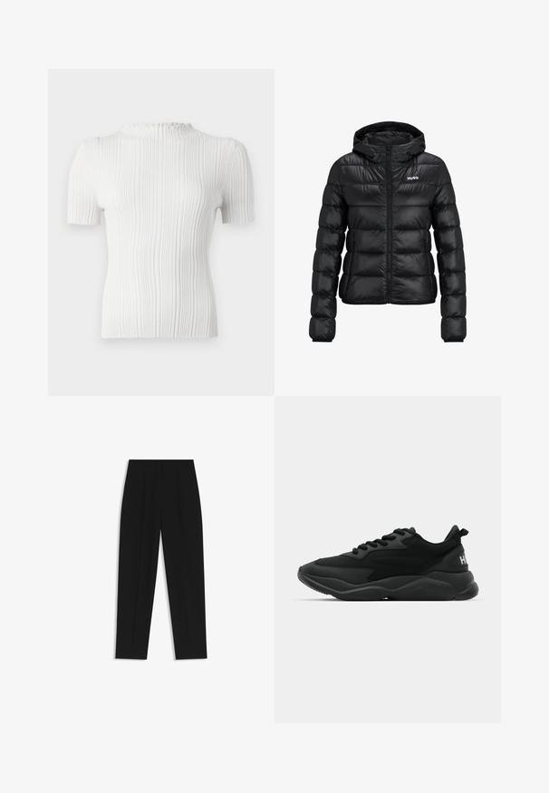 Schwarze gepolsterte Jacke mit einem Reißverschluss und Kapuze. Verfügt über ein gestepptes Design und das "HUGO"-Logo auf der Brust. Hergestellt aus glänzendem Material.; Weißes, geripptes kurzärmliges Oberteil mit hohem Kragen und strukturiertem Finish. Verfügt über dezente vertikale Linien und eine figurbetonte Silhouette.; Schwarze Hose mit geradem Schnitt, doppelten Falten, einer glatten Textur und einem klassischen Bunddesign. Keine sichtbaren Beschläge oder Akzente.; Schwarze Sport-Sneaker mit einer strukturierten Oberseite, Schnürverschluss, gepolsterter Sohle und einem markierten Akzent an der Ferse.