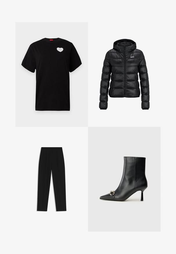 Chaqueta negra acolchada con cierre de cremallera y capucha. Presenta un diseño acolchado y el logo "HUGO" en el pecho. Está hecha de un material brillante.; Camiseta negra de manga corta hecha de algodón. Presenta un parche blanco en forma de corazón con "Hugo" en una fuente cursiva en el área del pecho izquierdo.; Pantalones negros de corte recto, con doble pinza, textura suave y un diseño de cinturilla clásica. Sin hardware o acentos visibles.; Botín negro de cuero hasta el tobillo con punta afilada, tacón delgado de altura media y detalle de hebilla plateada en el lateral, sobre un fondo liso.