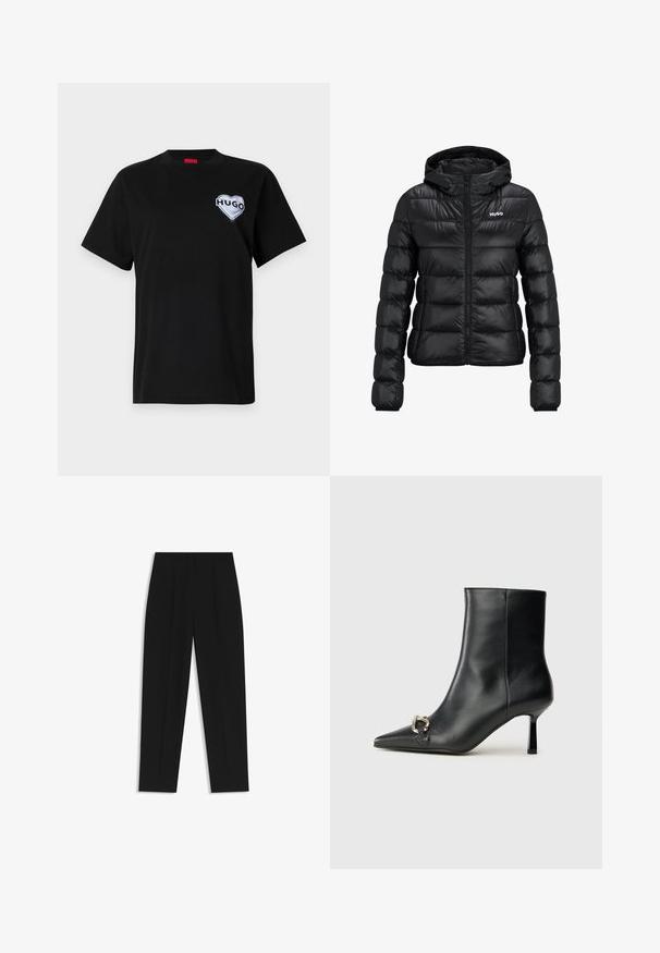 Sort polstret jakke med lynlåslukning og hætte. Har et quiltet design og "HUGO"-logoet på brystet. Fremstillet af skinnende materiale.; Sort bomulds t-shirt med rund halsudskæring og korte ærmer, med et hvidt hjerteformet "HUGO" logo på venstre bryst.; Sorte bukser med lige pasform, der har dobbelte folder, en glat tekstur og et klassisk taljedesign. Ingen synlige hardware eller accenter.; Sort læder ankelstøvle med spidse tæer, slank hæl i mellemhøjde og sølvspænde detaljer på siden mod en ensfarvet baggrund.