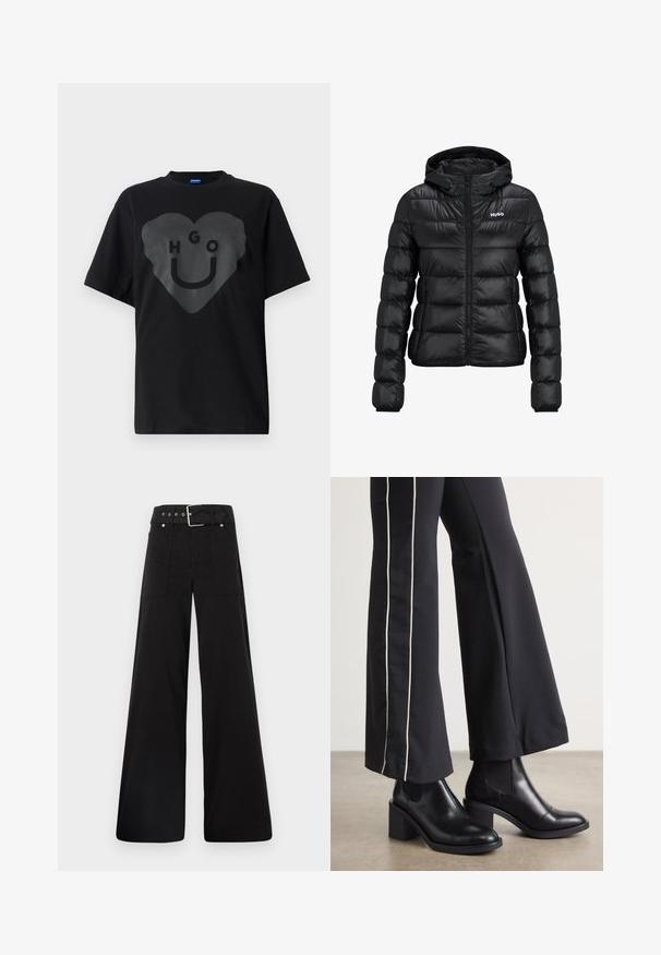 Melnā polsterētā jaka ar rāvējslēdzēju un kapuci. Iezīme ir kvalificēts dizains un "HUGO" logo uz krūškurvja. Izgatavota no spīdīga materiāla.; Melns T-krekls, pārspīlēta piegriezne, ar lielu sirds grafiku, kurā ir uzraksts "HGO" un smaidoša sejas ikona spīgulī uz priekšpuses.; Melna platā kāju bikses, izgatavotas no kokvilnas, ar augstu jostasvietu, lieliem sānu kabatām un jostu ar sudraba detaļām.; Melnas ādas potīšu zābaki ar blokveida papēdi, aprīkoti ar elastīgām sānu paneļiem. Kombinēti ar melniem biksēm, kuru sānos ir baltas svītras.