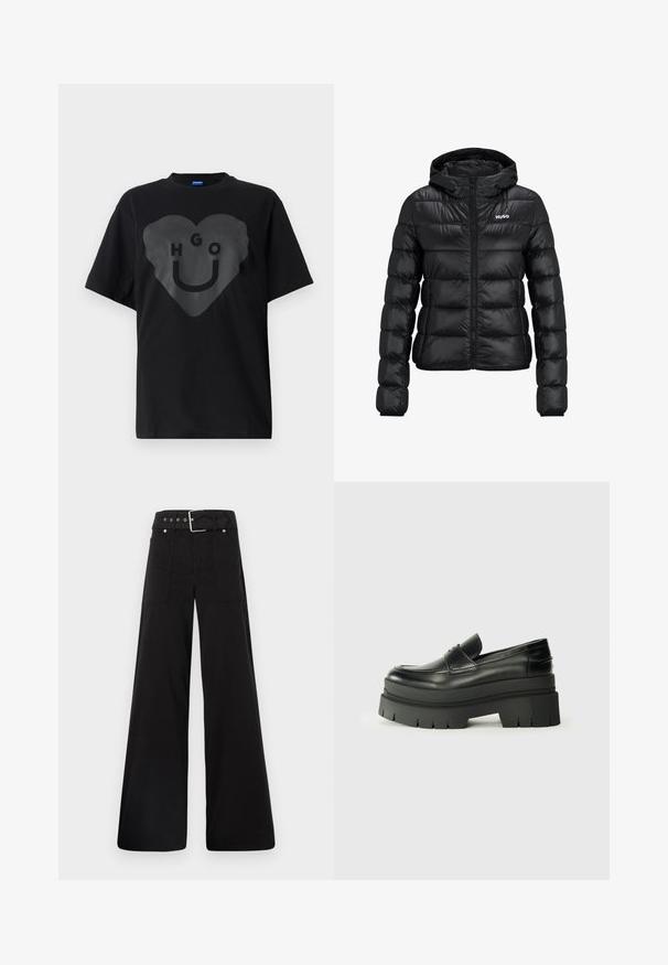 Černá podšitá bunda se zipem a kapucí. Má prošívaný design a logo "HUGO" na hrudi. Vyrobeno z lesklého materiálu.; Černé tričko, volný střih, s velkým grafickým srdcem a textem "HGO" a usmívající se tvářičkou s lesklým povrchem na přední straně.; Černé široké kalhoty vyrobené z bavlny, s vysokým pasem, velkými bočními kapsami a opaskem s kovovými akcenty v barvě stříbra.; Černé kožené loafers s robustní platformovou podrážkou. Kulatá špička, přední šev a jemné akcenty prošití. Plochá, texturovaná podrážka.