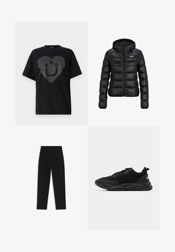 Black padded jacket with a zip closure and hood. Features a quilted design and the "HUGO" logo on the chest. Made from shiny material.; Black t-shirt, oversized fit, featuring a large heart graphic with the text "HGO" and a smiley face in a glossy finish on the front.; Black trousers with a straight fit, featuring double pleats, a smooth texture, and a classic waistband design. No visible hardware or accents.; Black athletic sneakers featuring a textured upper, lace closure, cushioned sole, and a branded accent on the heel.
