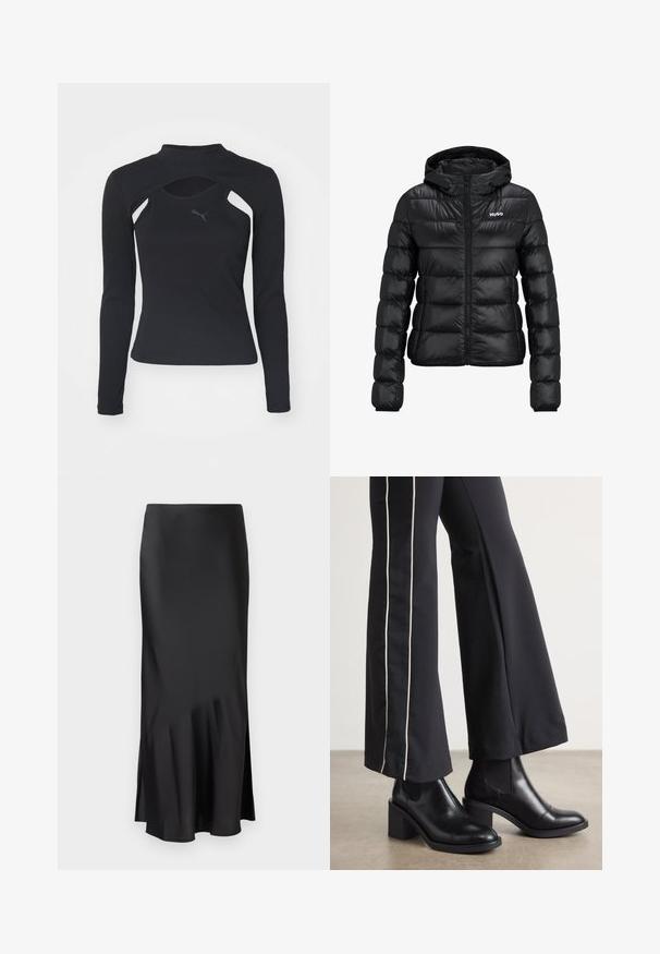 Giacca imbottita nera con chiusura a zip e cappuccio. Caratterizzata da un design trapuntato e dal logo "HUGO" sul petto. Realizzata in materiale lucido.; Maglietta nera a maniche lunghe con collo alto, caratterizzata da dettagli cut-out e una superficie testurizzata a coste. Logo sul petto in grigio scuro.; Gonna midi nera in satin con un design elegante, caratterizzata da un leggero svaso all'orlo e uno spacco laterale per facilitare i movimenti. Texture liscia.; Stivaletti in pelle nera con tacco a blocco, dotati di pannelli elastici sui lati. Abbinati a pantaloni neri con una striscia bianca laterale.