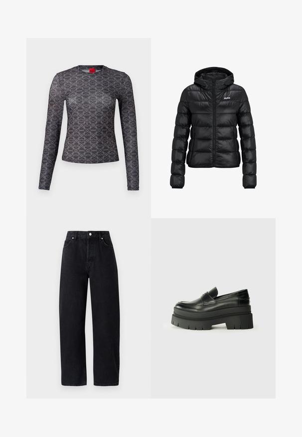 Jachetă neagră căptușită cu fermoar și glugă. Prezentând un design matlasat și logo-ul "HUGO" pe piept. Fabricată din material lucios.; Cămașă cu mâneci lungi, în culori negre și gri, cu un model geometric. Are un guler rotund și detalii cu logo atât pe față, cât și pe spate. Textură netedă.; Jeans negre din denim, cu talie inalta si picior drept, dotate cu cinci buzunare, nituri metalice si cusaturi tonale. Textură netedă, design minimal.; Loafers din piele neagră cu o talpă platformă masivă. Vârf rotunjit, detalii cu cusătura frontală și accente subtile de broderie. Talpă plată, texturată.