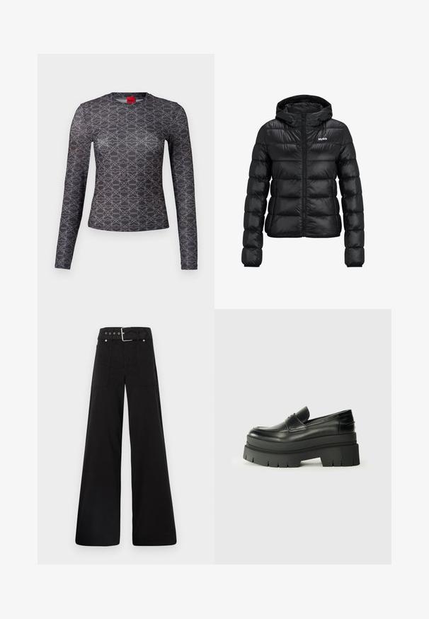 Zwarte gewatteerde jas met ritssluiting en capuchon. Kenmerkt zich door een doorgestikt ontwerp en het "HUGO"-logo op de borst. Gemaakt van glanzend materiaal.; Langsleeve shirt in zwart en grijs met een geometrisch patroon. Heeft een ronde hals en een logo-detail op de voorkant en achterkant. Zachte textuur.; Zwarte wijde broek van katoen, met een hoge taille, grote zijzakken en een ceintuur met zilverkleurige accenten.; Zwarte lederen loafers met een chunky plateauzool. Rondere neus, naden aan de voorkant en subtiele stikselaccenten. Vlakke, gestructureerde buitenzool.