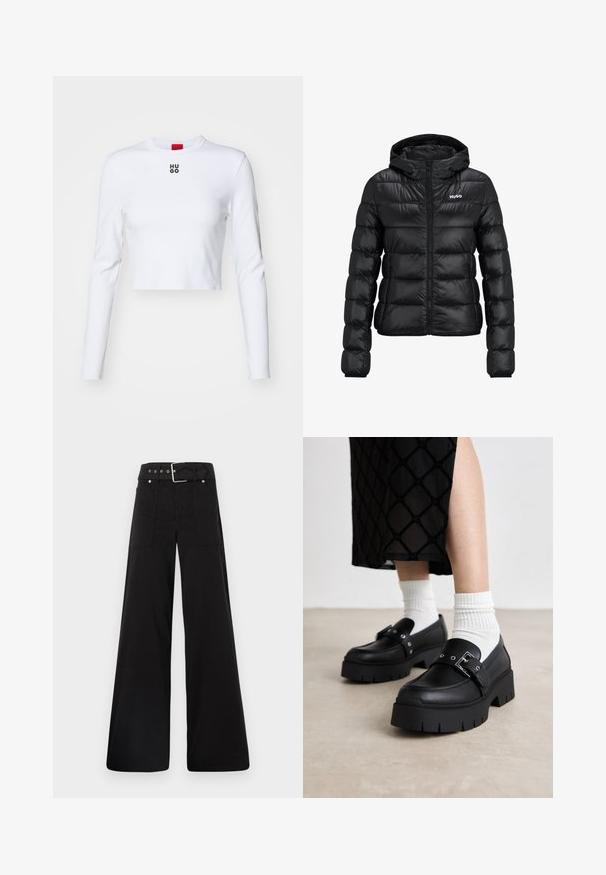 Black padded jacket with a zip closure and hood. Features a quilted design and the "HUGO" logo on the chest. Made from shiny material.; White long-sleeve crop top made of cotton, featuring a round neck and a small black "HUGO" logo on the chest. Smooth texture with fitted design.; Black wide-leg trousers made from cotton, featuring a high waist, large side pockets, and a belted waist with silver hardware accents.; Black platform loafers with a smooth leather finish, featuring a buckle detail and stud accents, paired with white ribbed socks.