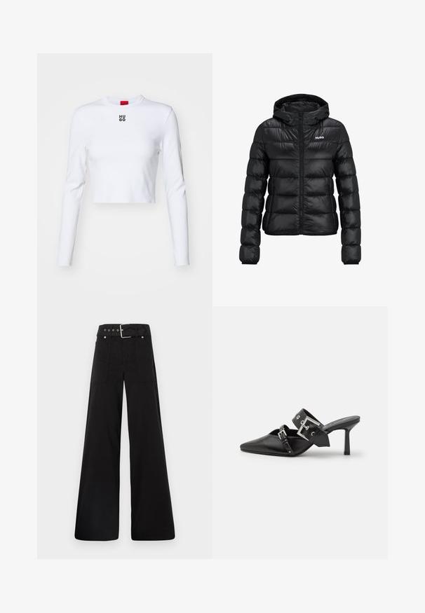 Schwarze gepolsterte Jacke mit einem Reißverschluss und Kapuze. Verfügt über ein gestepptes Design und das "HUGO"-Logo auf der Brust. Hergestellt aus glänzendem Material.; Weißes Langarm-Crop-Top aus Baumwolle mit Rundhalsausschnitt und kleinem schwarzen "HUGO"-Logo auf der Brust. Glatte Textur mit körperbetontem Design.; Schwarze weitgeschnittene Hose aus Baumwolle, mit hoher Taille, großen Seitentaschen und einem taillierten Bund mit silbernen Hardware-Akzenten.; Schwarze High-Heel-Mules mit spitzem Zeh aus glattem Leder. Mit einem breiten Knöchelriemen, der eine quadratische silberne Schnalle und Nieten aufweist.