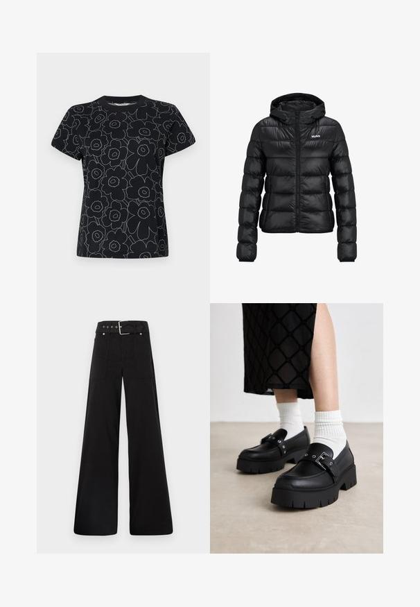 Black padded jacket with a zip closure and hood. Features a quilted design and the "HUGO" logo on the chest. Made from shiny material.; Black t-shirt featuring a floral pattern outlined in white, with short sleeves and a crew neck design. Cotton material with a smooth texture.; Black wide-leg trousers made from cotton, featuring a high waist, large side pockets, and a belted waist with silver hardware accents.; Black platform loafers with a smooth leather finish, featuring a buckle detail and stud accents, paired with white ribbed socks.