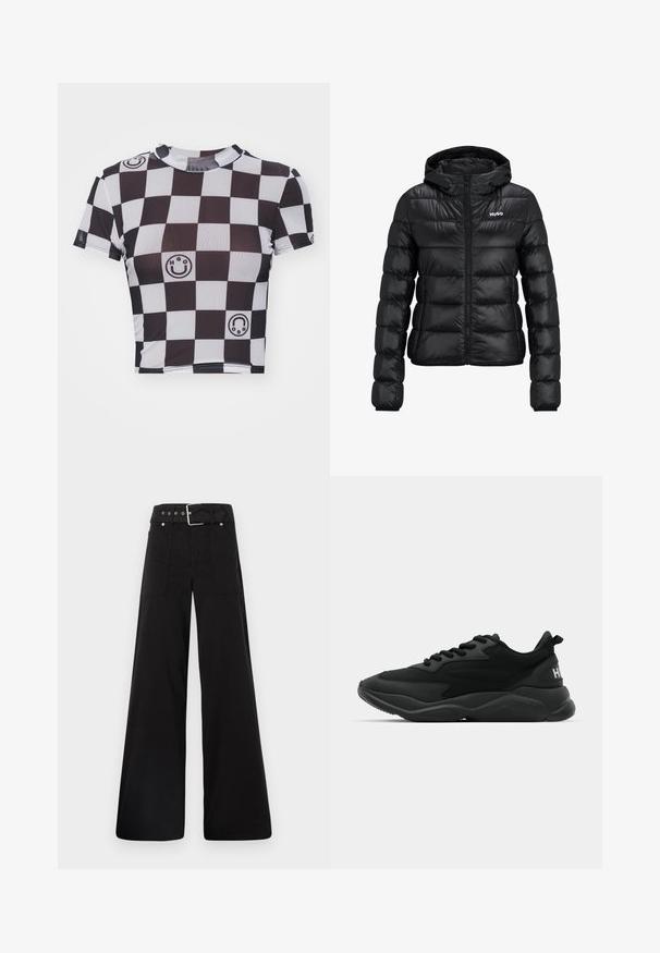 Črna podložena jakna z zadrgo in kapuco. Ima prešito zasnovo in logotip "HUGO" na prsih. Narejena je iz sijočega materiala.; Črno-bela karirasta crop majica z grafiko nasmejanih obrazov in logotipa, kratkimi rokavi in okroglim izrezom. Narejena iz raztegljivega materiala.; Črne široke hlače iz bombaža, z visokim pasom, velikimi stranskimi žepi in pasom s sponko ter srebrnimi dodatki.; Črne atletske superge z teksturiranim zgornjim delom, vezalkami, oblazinjenim podplatom in blagovno oznako na peti.