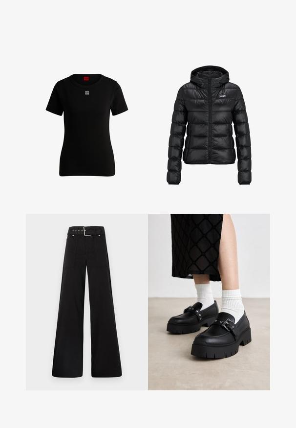 Svart polstret jakke med glidelås og hette. Har en quiltet design og "HUGO" logoen på brystet. Laget av skinnende materiale.; Svart kortermet t-skjorte laget av myk bomull, med rund hals og en liten hvit "HUGO"-logo på brystet. Klassisk passform.; Sorte vidde bukser laget av bomull, med høy midje, store sidelommer og belte med sølv detaljer.; Svart plattform loafers med en glatt skinnfinish, med en spenne detalj og naglede akenter, sammen med hvite ribbede sokker.