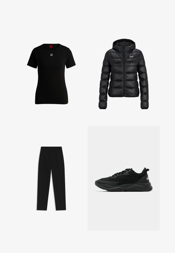 Giacca imbottita nera con chiusura a zip e cappuccio. Caratterizzata da un design trapuntato e dal logo "HUGO" sul petto. Realizzata in materiale lucido.; T-shirt nera a maniche corte in morbido cotone, con collo tondo e un piccolo logo bianco "HUGO" sul petto. Vestibilità classica.; Pantaloni neri a taglio dritto, con doppie pieghe, una texture liscia e un design classico in vita. Nessun hardware o dettaglio visibile.; Sneaker sportive nere con tomaia testurizzata, chiusura con lacci, suola imbottita e un accento con il marchio sul tallone.