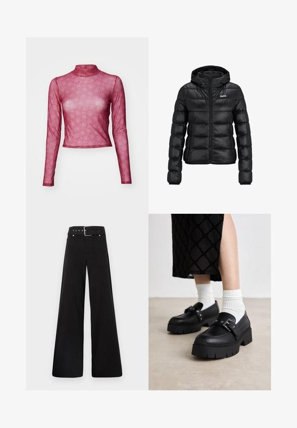 Μαύρο τζάκετ με επένδυση και κλείσιμο με φερμουάρ και κουκούλα. Διαθέτει ανάγλυφο σχέδιο και το λογότυπο "HUGO" στο στήθος. Κατασκευασμένο από γυαλιστερό υλικό.; Μακρυμάνικο, εφαρμοστό τοπ από διάφανο ροζ δίχτυ με επαναλαμβανόμενο σχέδιο χαμογελαστών προσώπων. Σχεδίαση με ψηλό λαιμό και ομαλή, ελαφριά υφή.; Μαύρο παντελόνι με φαρδιά ποδιά φτιαγμένο από βαμβάκι, με ψηλή μέση, μεγάλες πλαϊνές τσέπες και ζώνη με μεταλλικά αξεσουάρ σε ασημί απόχρωση.; Μαύρες πλατφόρμες λόφερ με απαλή δερμάτινη επιφάνεια, που διαθέτουν λεπτομέρεια από αγκράφα και μεταλλικά τρουκς, σε συνδυασμό με λευκές ριμπ κάλτσες.