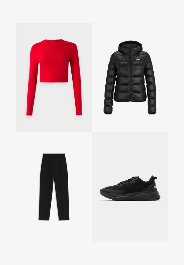 Schwarze gepolsterte Jacke mit einem Reißverschluss und Kapuze. Verfügt über ein gestepptes Design und das "HUGO"-Logo auf der Brust. Hergestellt aus glänzendem Material.; Rotes Langarm-Cropped-Top mit rundem Ausschnitt und kleinem eingeprägtem "HUGO"-Logo, das zentriert unter dem Kragen auf einem schlichten Hintergrund platziert ist.; Schwarze Hose mit geradem Schnitt, doppelten Falten, einer glatten Textur und einem klassischen Bunddesign. Keine sichtbaren Beschläge oder Akzente.; Schwarze Sport-Sneaker mit einer strukturierten Oberseite, Schnürverschluss, gepolsterter Sohle und einem markierten Akzent an der Ferse.