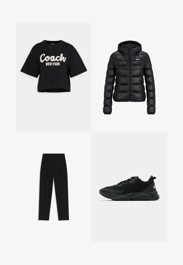 Sort polstret jakke med lynlåslukning og hætte. Har et quiltet design og "HUGO"-logoet på brystet. Fremstillet af skinnende materiale.; Sort cropped t-shirt lavet af bomuld, med stor hvid "Coach New York" tekst på fronten og korte ærmer. Glat tekstur.; Sorte bukser med lige pasform, der har dobbelte folder, en glat tekstur og et klassisk taljedesign. Ingen synlige hardware eller accenter.; Sorte atletiske sneakers med en tekstureret overdel, snørelukning, polstret sål og en mærkeaccent på hælen.