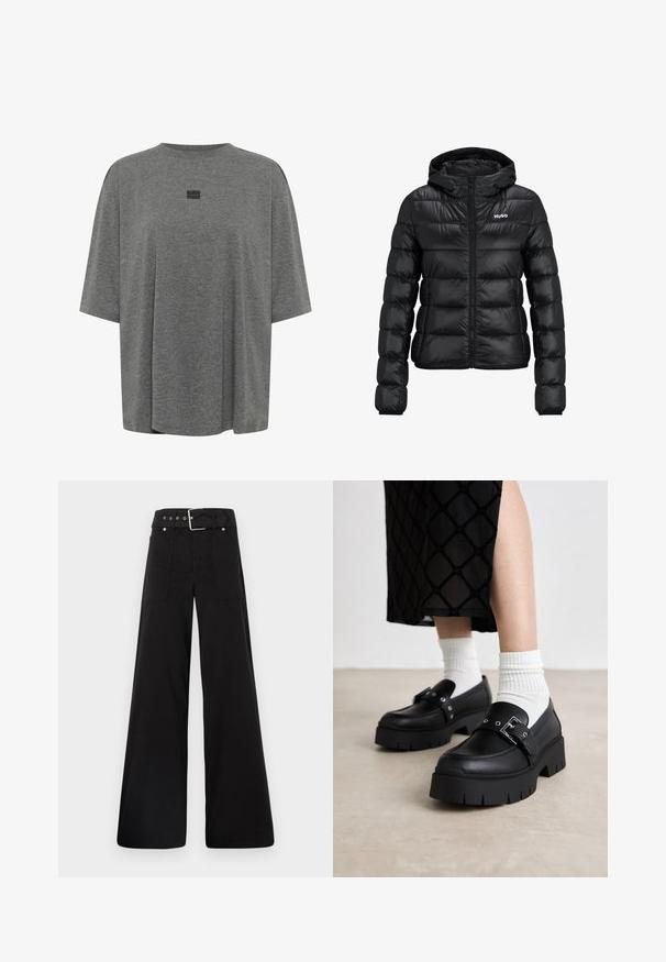Black padded jacket with a zip closure and hood. Features a quilted design and the "HUGO" logo on the chest. Made from shiny material.; Gray oversized t-shirt made of soft fabric. Features a round neckline, short sleeves, and a subtle logo in the center.; Black wide-leg trousers made from cotton, featuring a high waist, large side pockets, and a belted waist with silver hardware accents.; Black platform loafers with a smooth leather finish, featuring a buckle detail and stud accents, paired with white ribbed socks.
