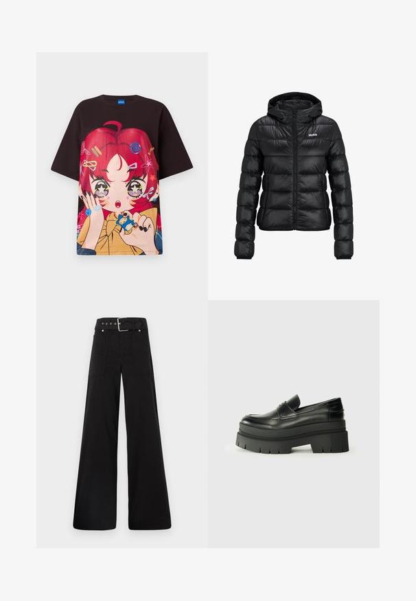 Black padded jacket with a zip closure and hood. Features a quilted design and the "HUGO" logo on the chest. Made from shiny material.; Black oversized t-shirt featuring a vibrant graphic of a character with red hair, stars, and colorful accessories. Short sleeves, crew neck.; Black wide-leg trousers made from cotton, featuring a high waist, large side pockets, and a belted waist with silver hardware accents.; Black leather loafers with a chunky platform sole. Rounded toe, front seam detail, and subtle stitching accents. Flat, textured outsole.
