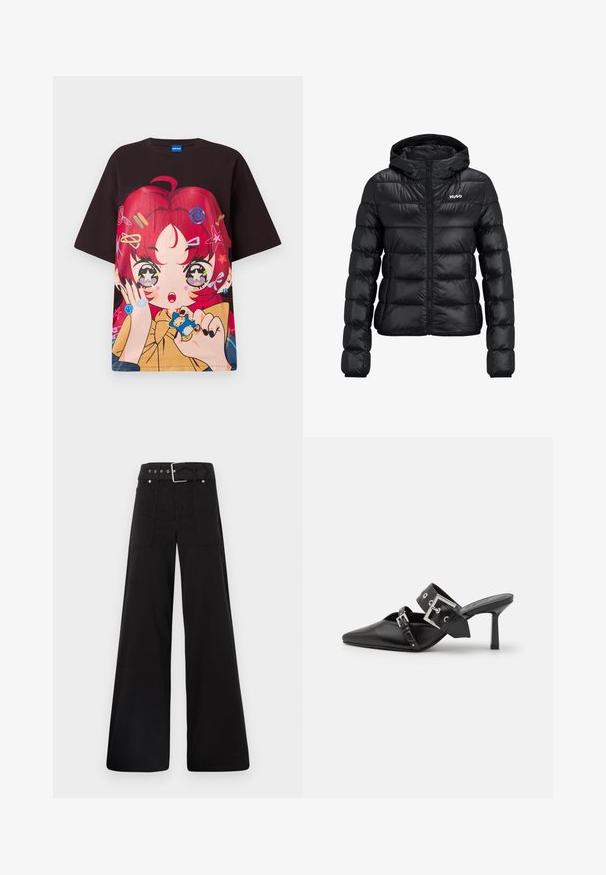 Juodas pūkinis švarkas su užtrauktuku ir gobtuvu. Savybės: siuvinėtas dizainas ir "HUGO" logotipas ant krūtinės. Pagamintas iš blizgaus medžiagos.; Juodas per didelis marškinėliai su ryškiu grafiniu piešiniu, vaizduojančiu personažą su raudonais plaukais, žvaigždėmis ir spalvingais aksesuarais. Trumpomis rankovėmis, apvali kaklo iškirptė.; Juodos plačios kojų kelnės, pagamintos iš medvilnės, su aukšta liemene, didelėmis šoninėmis kišenėmis ir diržu, papuoštu sidabriniais akcentais.; Juodos aukštakulnės mule bateliai su smailiu pirštu, pagaminti iš lygaus odos. Turi platų kulkšnies dirželį su kvadratiniu sidabro sagtimi ir skulptūromis.