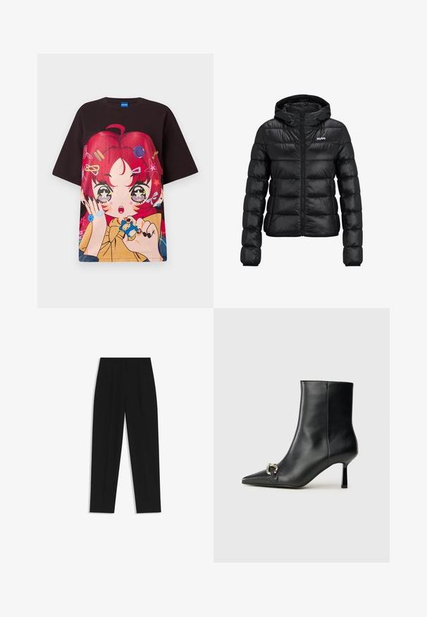 Zwarte gewatteerde jas met ritssluiting en capuchon. Kenmerkt zich door een doorgestikt ontwerp en het "HUGO"-logo op de borst. Gemaakt van glanzend materiaal.; Zwarte oversized t-shirt met een levendige afbeelding van een personage met rood haar, sterren en kleurrijke accessoires. Korte mouwen, ronde hals.; Zwarte broeken met een rechte pasvorm, voorzien van dubbele plooien, een zachte textuur en een klassiek taillebandontwerp. Geen zichtbare hardware of accenten.; Zwarte leren enkelboot met spitse neus, slanke middenhoge hak en zilveren gespdetail aan de zijkant op een effen achtergrond.