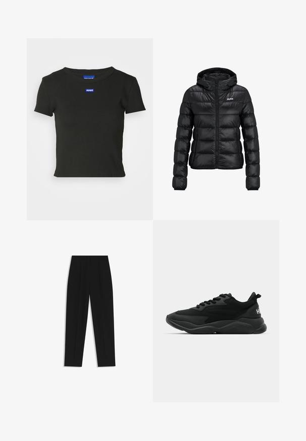 Black padded jacket with a zip closure and hood. Features a quilted design and the "HUGO" logo on the chest. Made from shiny material.; Black cotton t-shirt with a fitted design, short sleeves, and a round neckline. Features a blue rectangular logo label on the chest.; Black trousers with a straight fit, featuring double pleats, a smooth texture, and a classic waistband design. No visible hardware or accents.; Black athletic sneakers featuring a textured upper, lace closure, cushioned sole, and a branded accent on the heel.