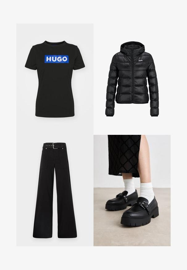 Chaqueta negra acolchada con cierre de cremallera y capucha. Presenta un diseño acolchado y el logo "HUGO" en el pecho. Está hecha de un material brillante.; Camiseta de manga corta negra de algodón, que presenta un gran gráfico rectangular azul con la palabra "HUGO" en letras blancas y en negrita.; Pantalones de pierna ancha negros, hechos de algodón, con cintura alta, grandes bolsillos laterales y una cintura ceñida con un cinturón que presenta acentos de metal plateado.; Mocasines de plataforma negros con un acabado de cuero suave, que presentan un detalle de hebilla y acentos de remaches, combinados con calcetines blancos de canalé.