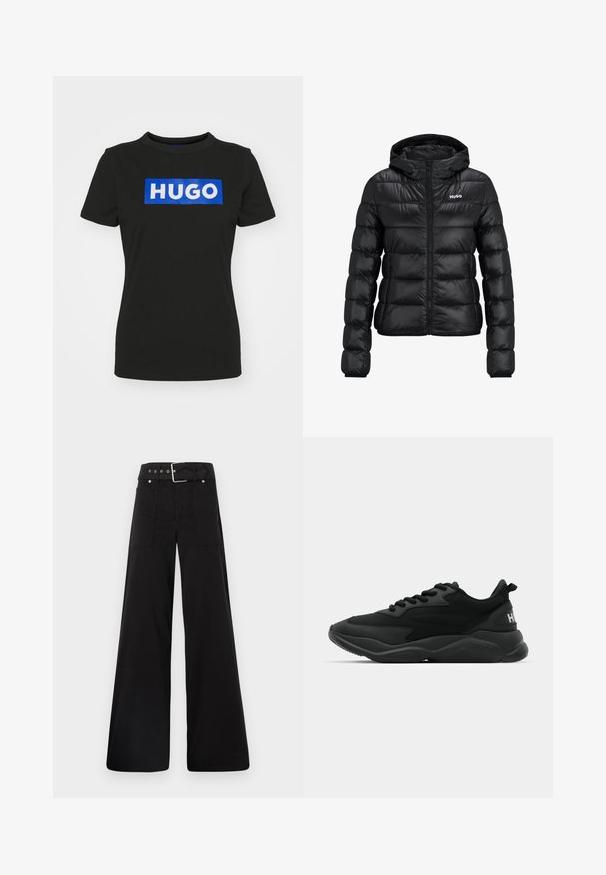 Black padded jacket with a zip closure and hood. Features a quilted design and the "HUGO" logo on the chest. Made from shiny material.; Black short-sleeve t-shirt made of cotton, featuring a large blue rectangular graphic with the word "HUGO" in white bold letters.; Black wide-leg trousers made from cotton, featuring a high waist, large side pockets, and a belted waist with silver hardware accents.; Black athletic sneakers featuring a textured upper, lace closure, cushioned sole, and a branded accent on the heel.