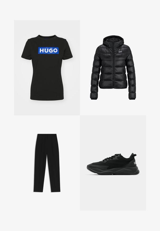 Czarna pikowana kurtka z zamkiem błyskawicznym i kapturem. Posiada wzór pikowania oraz logo "HUGO" na klatce piersiowej. Wykonana z błyszczącego materiału.; Czarna koszulka z krótkim rękawem wykonana z bawełny, z dużą niebieską graficzną prostokątną grafiką z napisem "HUGO" w białych, pogrubionych literach.; Czarne spodnie o prostym kroju, z podwójnymi zakładkami, gładką teksturą i klasycznym krojem w talii. Bez widocznych elementów metalowych ani akcentów.; Czarne sportowe sneakersy z teksturowaną cholewką, sznurowaniem, wyściełaną podeszwą oraz markowym akcentem na pięcie.