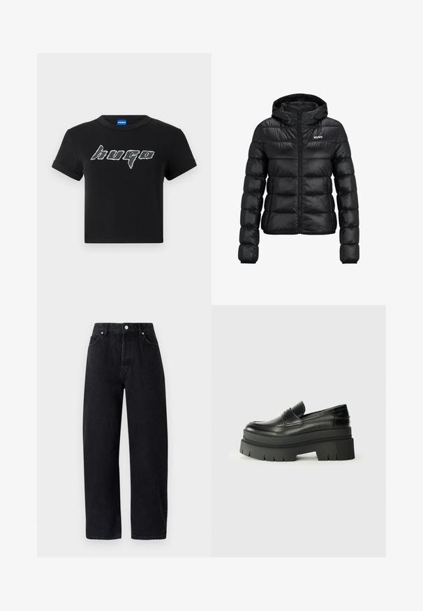 Chaqueta negra acolchada con cierre de cremallera y capucha. Presenta un diseño acolchado y el logo "HUGO" en el pecho. Está hecha de un material brillante.; Camiseta negra corta de algodón, con un gran logo estilizado en blanco de "hugo" en una fuente gráfica. Mangas cortas y cuello redondo.; Jeans de mezclilla negros de tiro alto y pierna recta con cinco bolsillos, remaches metálicos y costuras en tono. Textura suave, diseño minimalista.; Mocasines de cuero negro con suela de plataforma contundente. Punta redondeada, detalle de costura en la parte delantera y sutiles acentos de costura. Suela plana y texturizada.