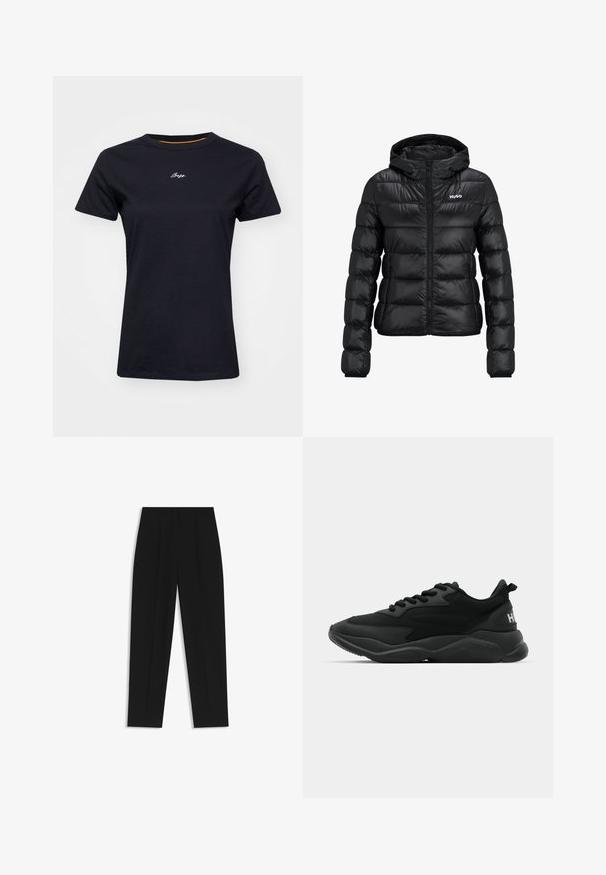 Black padded jacket with a zip closure and hood. Features a quilted design and the "HUGO" logo on the chest. Made from shiny material.; Black cotton t-shirt with short sleeves and a round neckline. Features white embroidered text on the front and an orange accent inside the collar.; Black trousers with a straight fit, featuring double pleats, a smooth texture, and a classic waistband design. No visible hardware or accents.; Black athletic sneakers featuring a textured upper, lace closure, cushioned sole, and a branded accent on the heel.