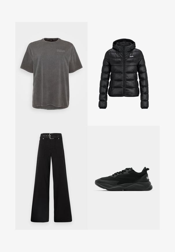 Črna podložena jakna z zadrgo in kapuco. Ima prešito zasnovo in logotip "HUGO" na prsih. Narejena je iz sijočega materiala.; Siva bombažna majica s kratkimi rokavi, okroglo izrezom in rahlo podaljšanim hrbtom. Na sprednjem delu je majhen natiskan napis.; Črne široke hlače iz bombaža, z visokim pasom, velikimi stranskimi žepi in pasom s sponko ter srebrnimi dodatki.; Črne atletske superge z teksturiranim zgornjim delom, vezalkami, oblazinjenim podplatom in blagovno oznako na peti.