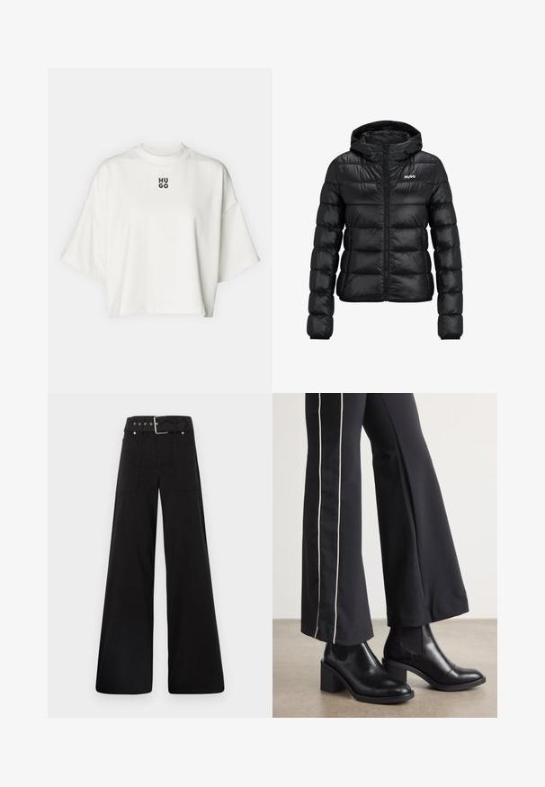Must must jacket, milledega lukuga ja kapuutsiga. Omab tikanditud disaini ja "HUGO" logo rinnal. Valmistatud läikivast materjalist.; Valge lühikeste varrukatega, pehmest kangast lühike T-särk, millel on ümmargune kaelus ja laiad varrukad. Keskel must "HUGO" logo paksus kirjas.; Mustad laiad mustad püksid, mis on valmistatud puuvillast, kõrge vöökoha, suurte küljetaskute ja kumerate rihmadega, kus on hõbedased detailid.; Mustad nahast pahklu_bootid, millel on ploki konts ja elastsed külgpaneelid. Kombineeritud mustade pükstega, millel on valge küljeriba.