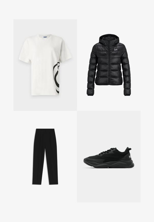 Zwarte gewatteerde jas met ritssluiting en capuchon. Kenmerkt zich door een doorgestikt ontwerp en het "HUGO"-logo op de borst. Gemaakt van glanzend materiaal.; Witte katoenen t-shirt met een grote zwarte abstracte graphic op de linkerkant, korte mouwen en een ronde halslijn.; Zwarte broeken met een rechte pasvorm, voorzien van dubbele plooien, een zachte textuur en een klassiek taillebandontwerp. Geen zichtbare hardware of accenten.; Zwarte sportieve sneakers met een textuur bovenkant, vetersluiting, gevoerde zool en een merkaccent op de hiel.