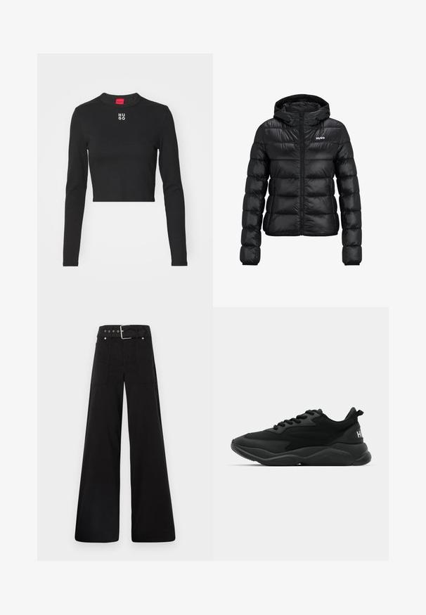 Zwarte gewatteerde jas met ritssluiting en capuchon. Kenmerkt zich door een doorgestikt ontwerp en het "HUGO"-logo op de borst. Gemaakt van glanzend materiaal.; Zwart langemouwen cropped top van gladde stof, met een ronde hals en het witte "HUGO" logo op de borst.; Zwarte wijde broek van katoen, met een hoge taille, grote zijzakken en een ceintuur met zilverkleurige accenten.; Zwarte sportieve sneakers met een textuur bovenkant, vetersluiting, gevoerde zool en een merkaccent op de hiel.