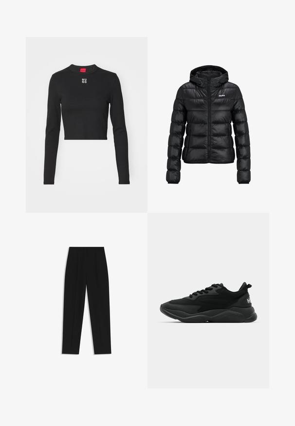 Sort polstret jakke med lynlåslukning og hætte. Har et quiltet design og "HUGO"-logoet på brystet. Fremstillet af skinnende materiale.; Sort langærmet cropped top lavet af glat stof, med rund hals og hvid "HUGO" logo på brystet.; Sorte bukser med lige pasform, der har dobbelte folder, en glat tekstur og et klassisk taljedesign. Ingen synlige hardware eller accenter.; Sorte atletiske sneakers med en tekstureret overdel, snørelukning, polstret sål og en mærkeaccent på hælen.