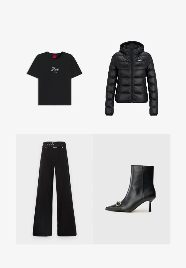 Juodas pūkinis švarkas su užtrauktuku ir gobtuvu. Savybės: siuvinėtas dizainas ir "HUGO" logotipas ant krūtinės. Pagamintas iš blizgaus medžiagos.; Juodas medvilnės marškinėliai su apvalia iškirpte ir trumpomis rankovėmis. Išskirtinis baltas siuvinėtas „Hugo“ logotipas priekyje.; Juodos plačios kojų kelnės, pagamintos iš medvilnės, su aukšta liemene, didelėmis šoninėmis kišenėmis ir diržu, papuoštu sidabriniais akcentais.; Juodas odinis apavas iki kulkšnies su smailiu nosiu, plonu vidutinio aukščio kulnu ir sidabriniu sagties akcentu šone, prieš paprastą foną.