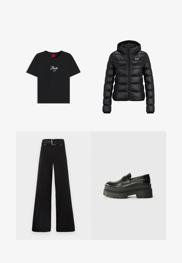 Juodas pūkinis švarkas su užtrauktuku ir gobtuvu. Savybės: siuvinėtas dizainas ir "HUGO" logotipas ant krūtinės. Pagamintas iš blizgaus medžiagos.; Juodas medvilnės marškinėliai su apvalia iškirpte ir trumpomis rankovėmis. Išskirtinis baltas siuvinėtas „Hugo“ logotipas priekyje.; Juodos plačios kojų kelnės, pagamintos iš medvilnės, su aukšta liemene, didelėmis šoninėmis kišenėmis ir diržu, papuoštu sidabriniais akcentais.; Juodos odinės loafers tipo bateliai su masyviu platformos padu. Suapvalintas pirštas, priekinė siuvimo detalė ir subtilūs siuvinėjimo akcentai. Lygus, tekstūruotas padas.