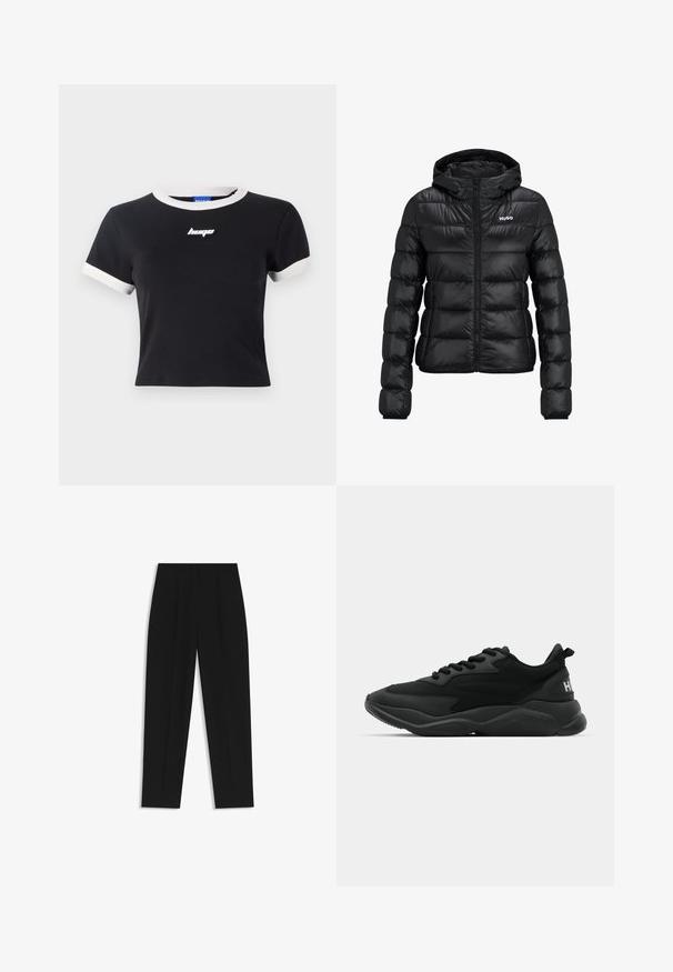 Svart vadderad jacka med dragkedja och huva. Har en quiltad design och "HUGO"-logotypen på bröstet. Tillverkad av glänsande material.; Svart kortärmad t-shirt med vit krage och ärmdekorationer. Har en svart logotyp på bröstet. Tillverkad av slät tyg.; Svarta byxor med rak passform, med dubbla fickor, en slät yta och en klassisk midje-design. Ingen synlig hårdvara eller detaljer.; Svarta sportiga sneakers med en texturerad ovandel, snörning, vadderad sula och ett märkesackcent på hälen.